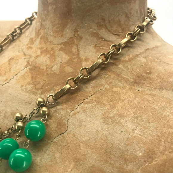 Stella & Dot Beaded Bib Statement Necklace Green Gold Princess Length Chain Link - Picture 9 of 12